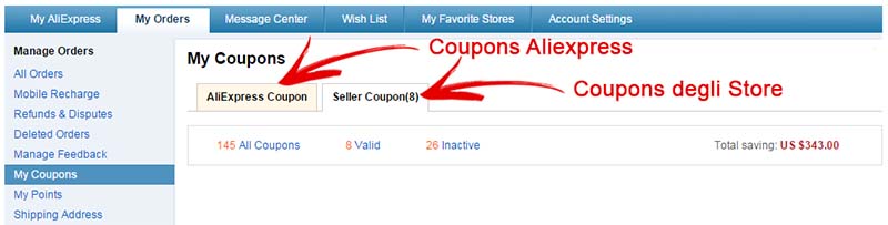 Coupons Aliexpress - Guida - Sezione My Coupons